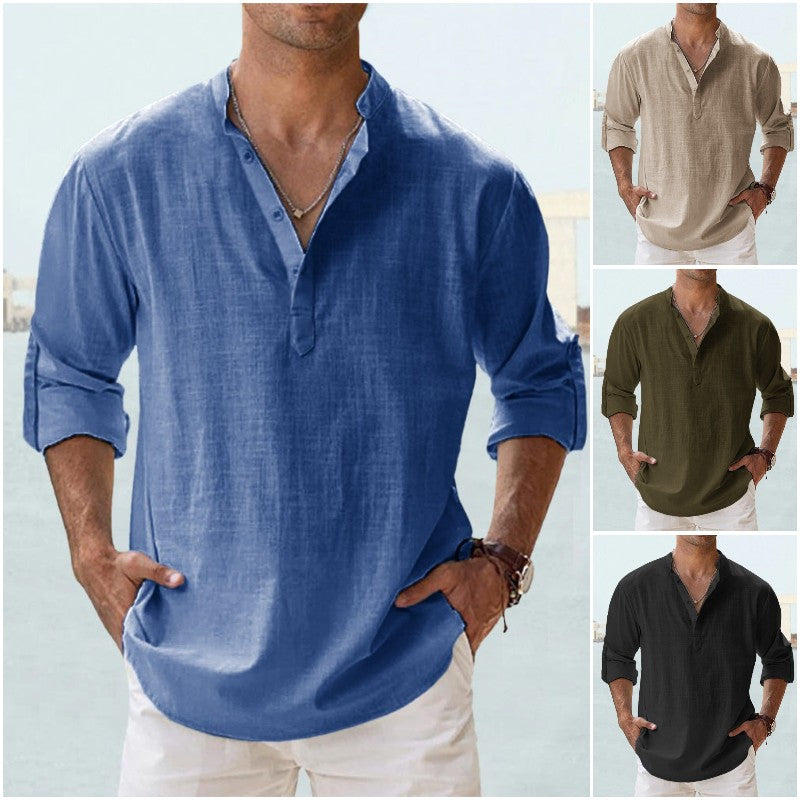 【S-5XL】Camisa informal de manga larga de algodón y lino para hombre 3576047