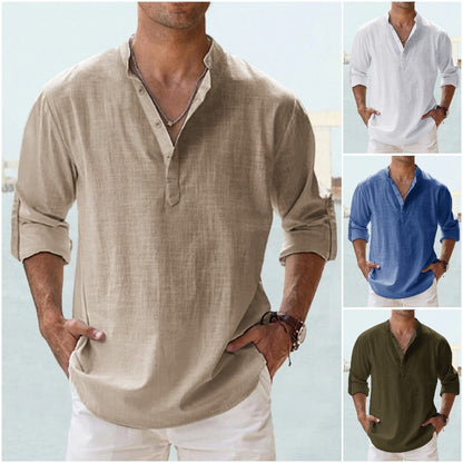 【S-5XL】Camisa informal de manga larga de algodón y lino para hombre 3576047